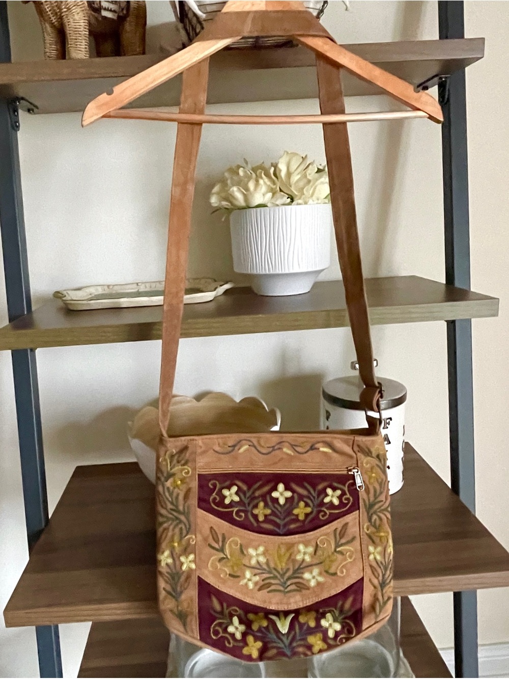 Artisanal Embroidered Suede Floral Crossbody Bag